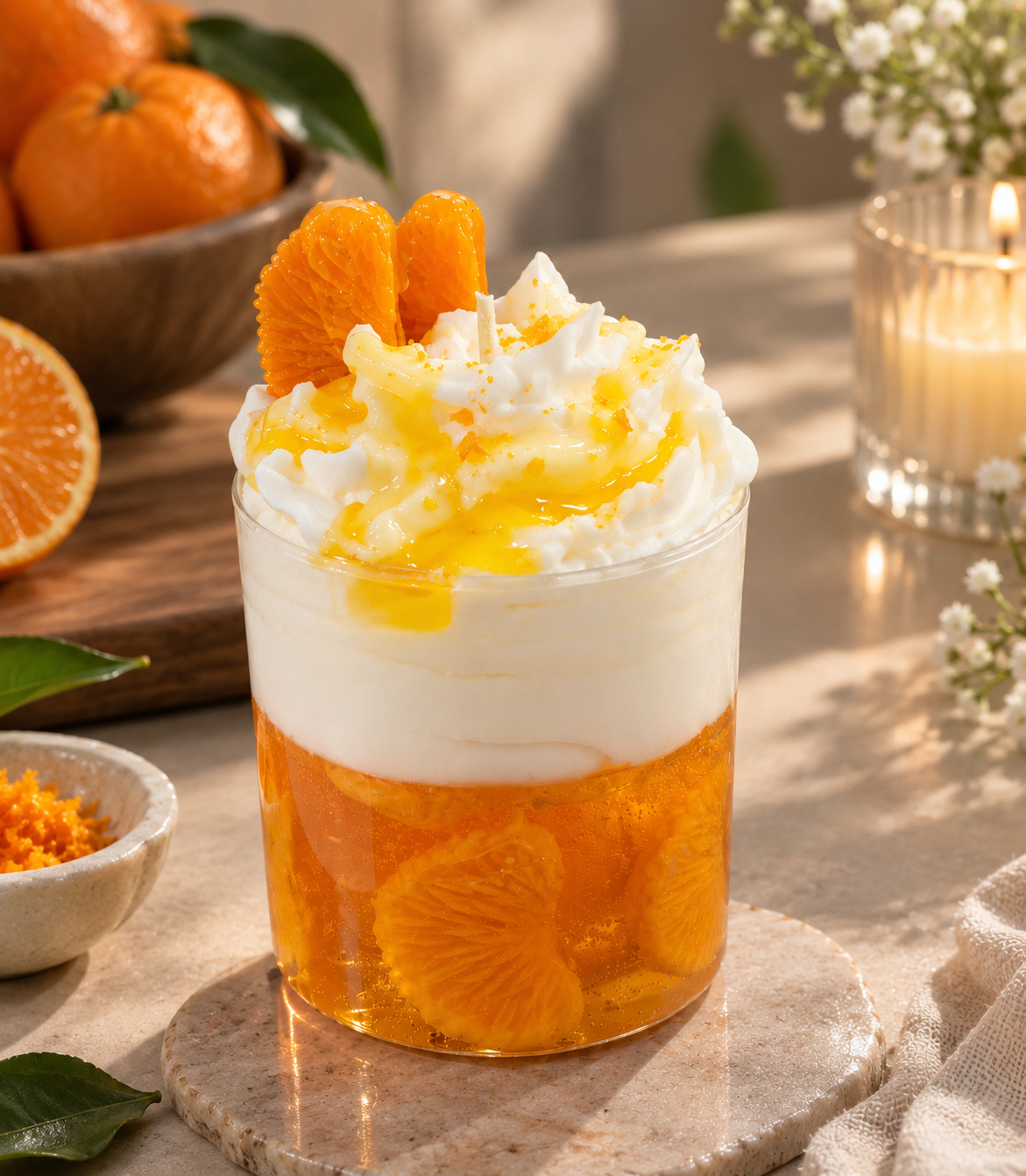 Pairsense Orange scented candle — mandarin segments in clear amber wax under whipped cream glazed with orange honey, in a clear glass tumbler on a stone coaster