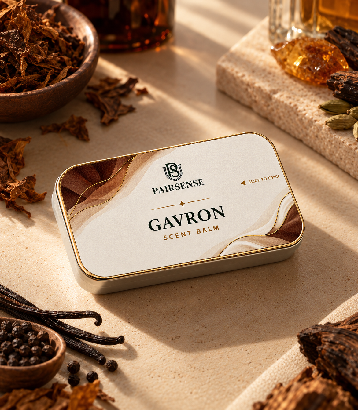 Pairsense Gavron scent balm, a cream and gold tin with deep-brown waves on pale stone among tobacco leaf, vanilla pods, black pepper, cardamom, amber resin and oud wood