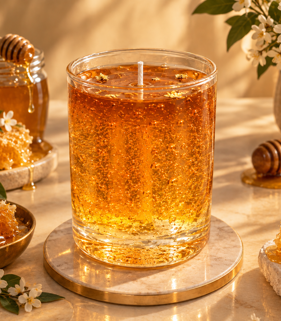 Pairsense Honey scented candle — amber honey-toned wax in a clear glass jar, styled on marble with honeycomb, a honey dipper and white blossom