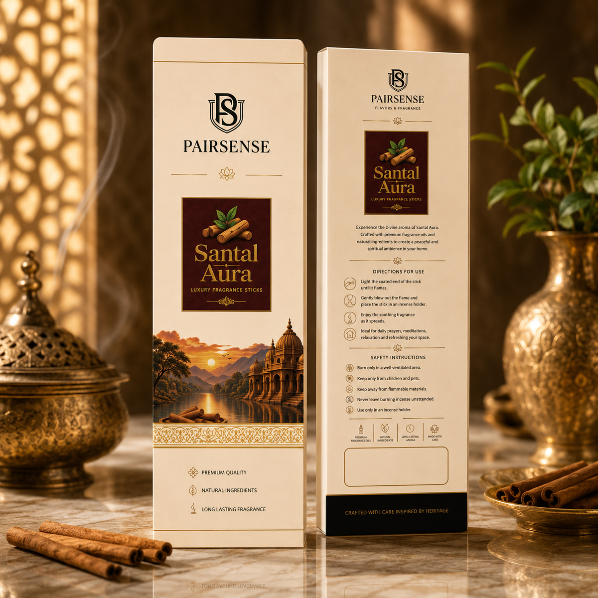 Pairsense Santal Aura luxury fragrance sticks — front and back of the ivory and deep-maroon agarbatti carton, styled with sandalwood sticks
