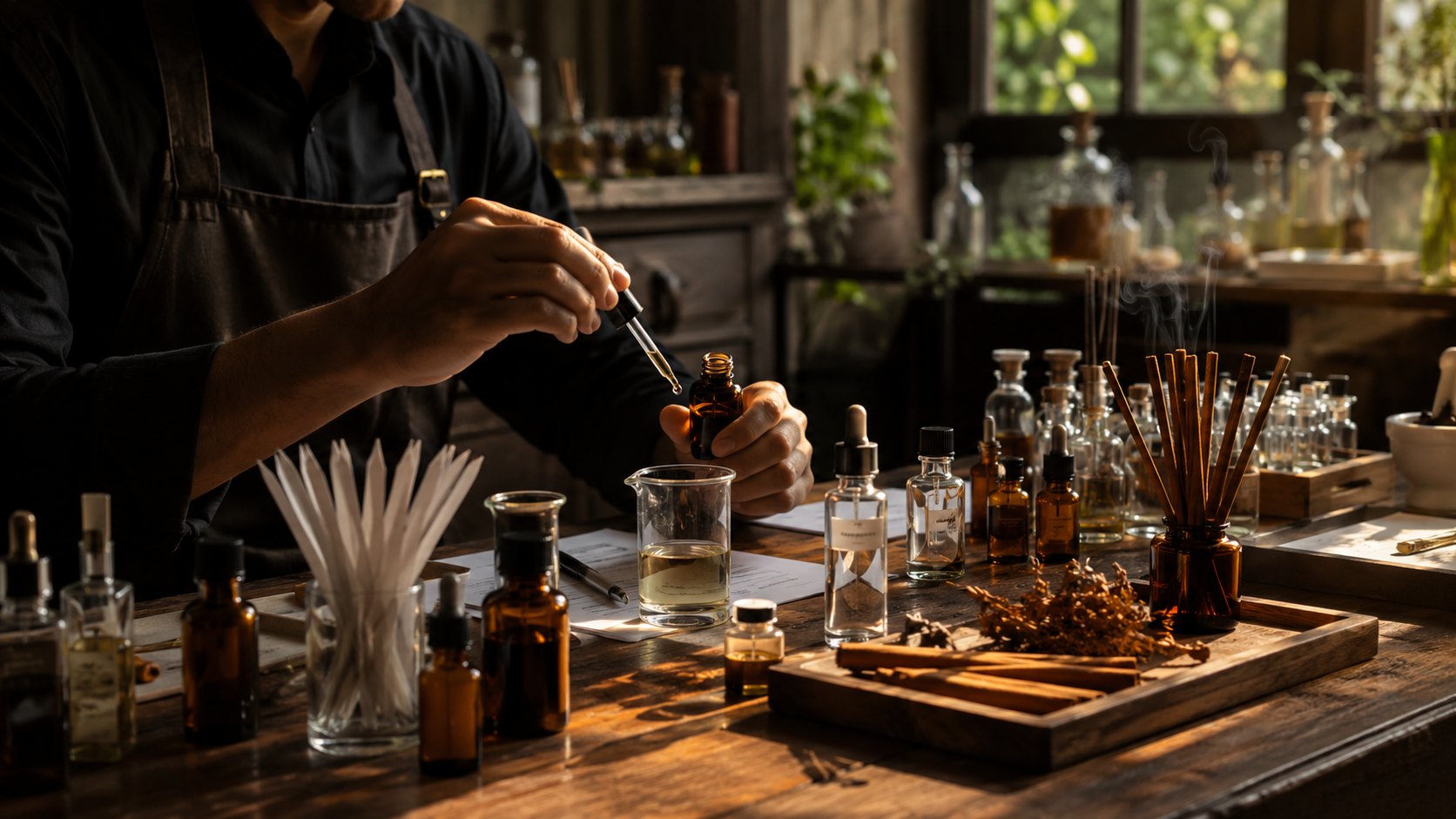 A Pairsense perfumer at the bench, dosing an amber bottle beside blotters, raw materials and incense sticks