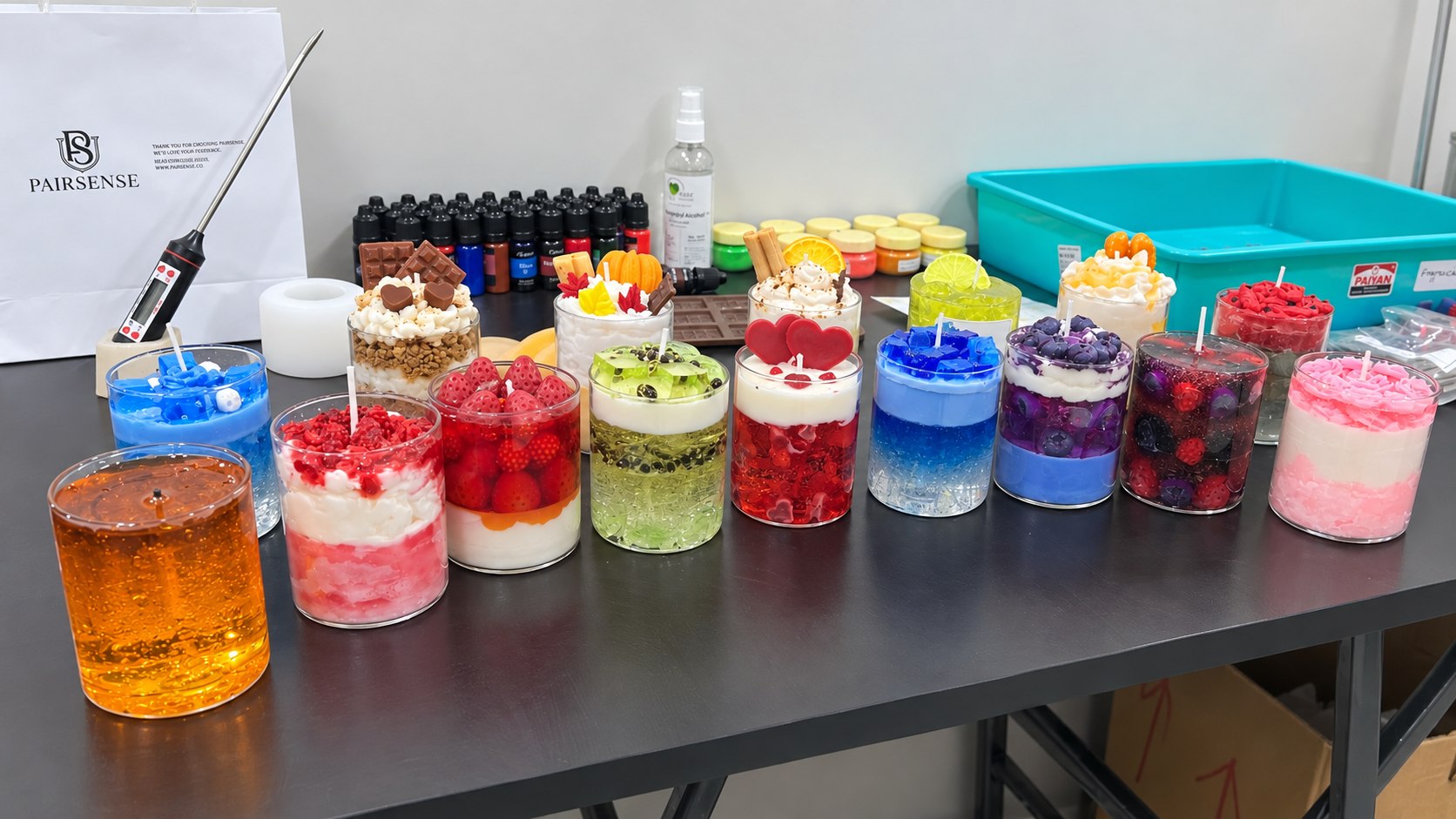 A row of finished Pairsense candles on the bench beside the fragrance oils they were dosed from