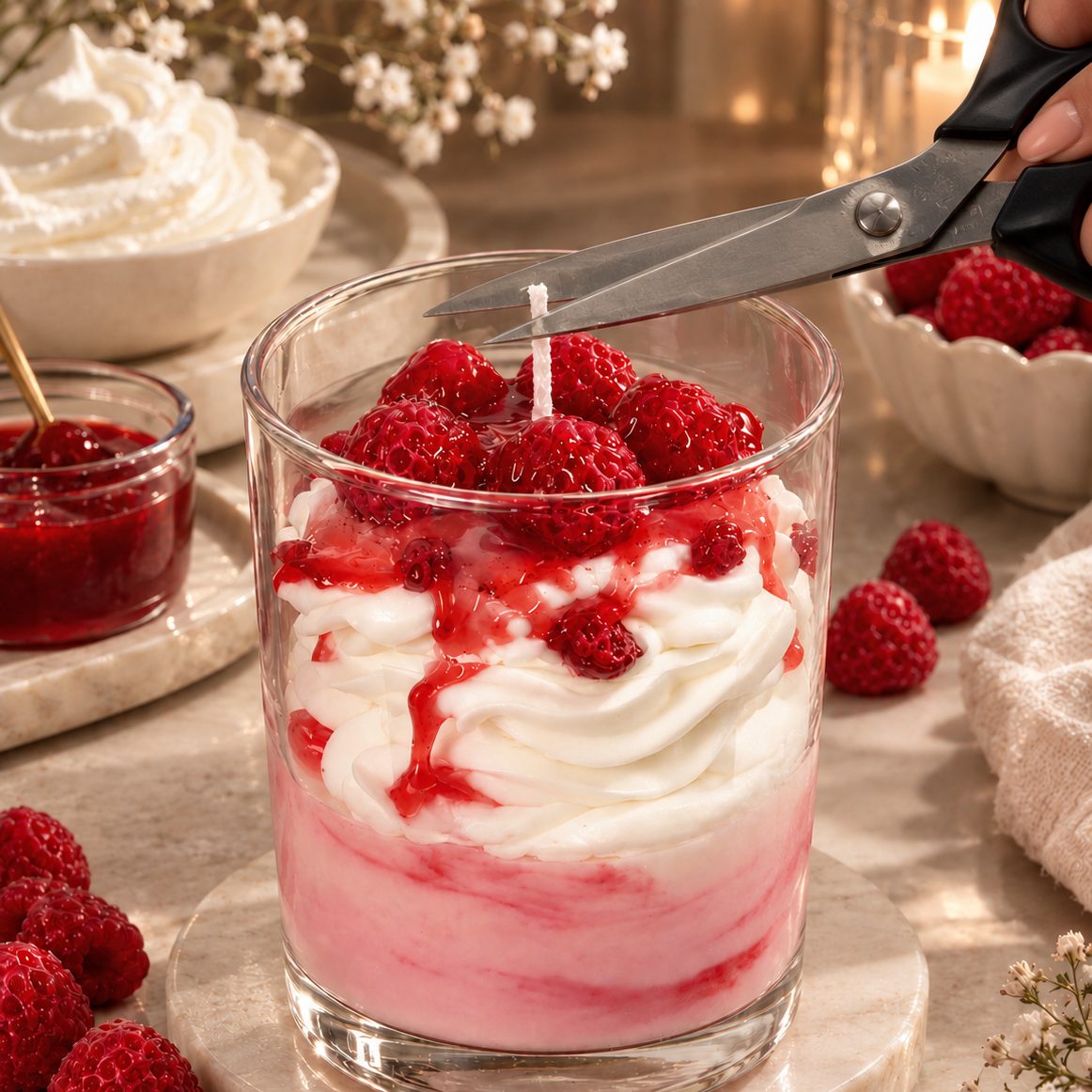 Trimming the wick of a Pairsense raspberry candle with scissors