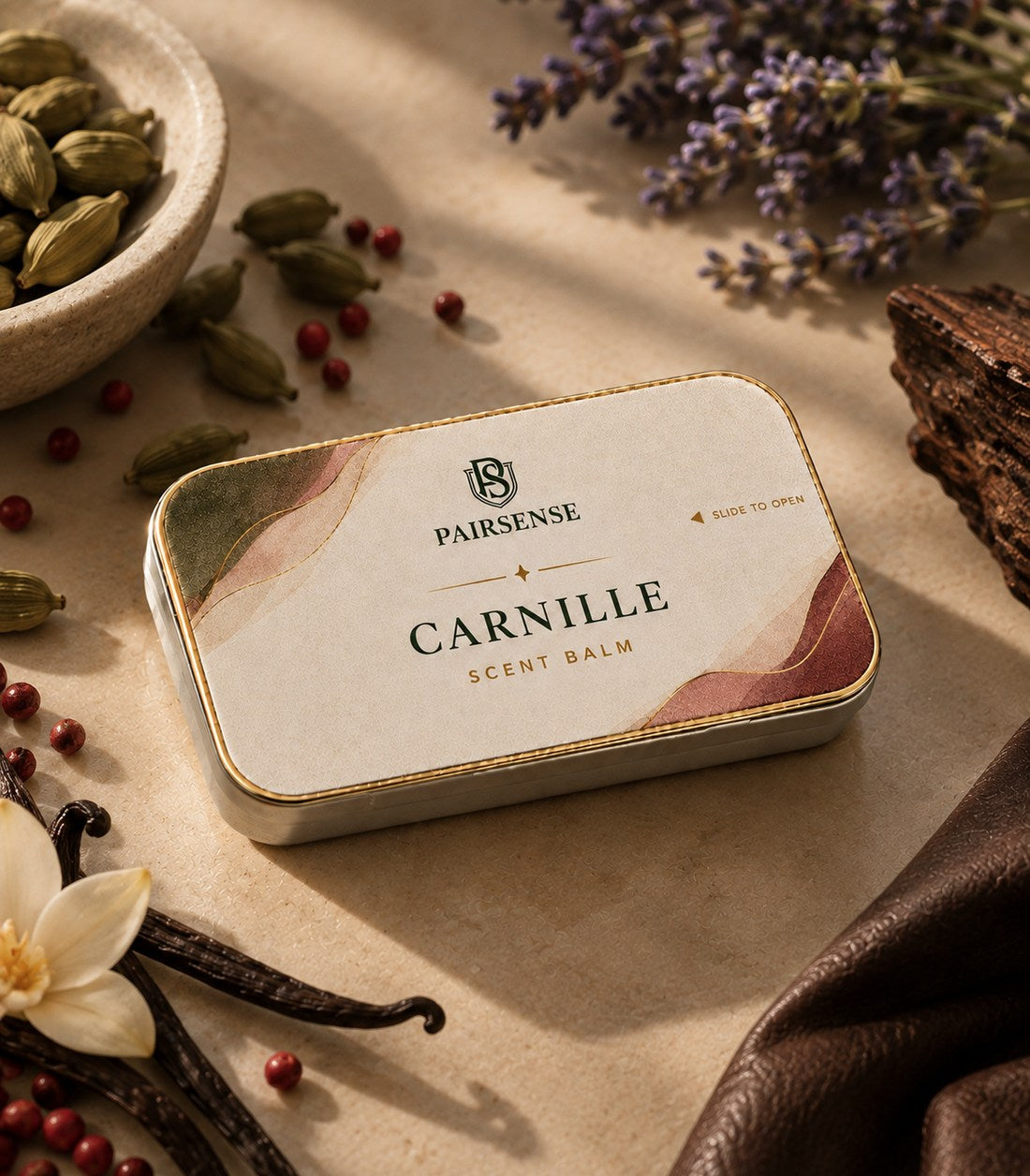 The Pairsense Carnille scent balm tin on pale stone among cardamom pods, pink peppercorns, lavender and vanilla