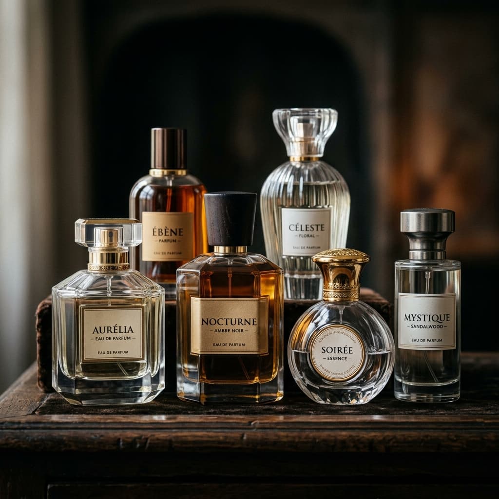 Amber perfume bottle in soft cinematic light.