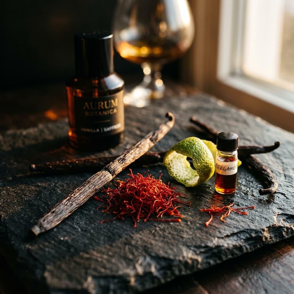Botanical ingredients laid against a muted neutral ground.