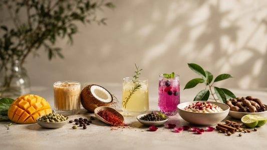 Modern beverage lineup with mango, coconut, cold brew, saffron and botanical sodas