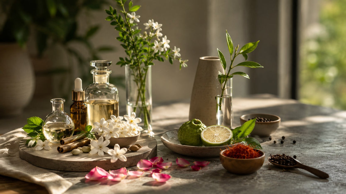 Perfumery flasks and dropper bottle with jasmine, bergamot, saffron and rose petals