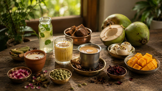 Regional Indian drinks and sweets — filter coffee, jaggery, tender coconut, mango, rose and cardamom
