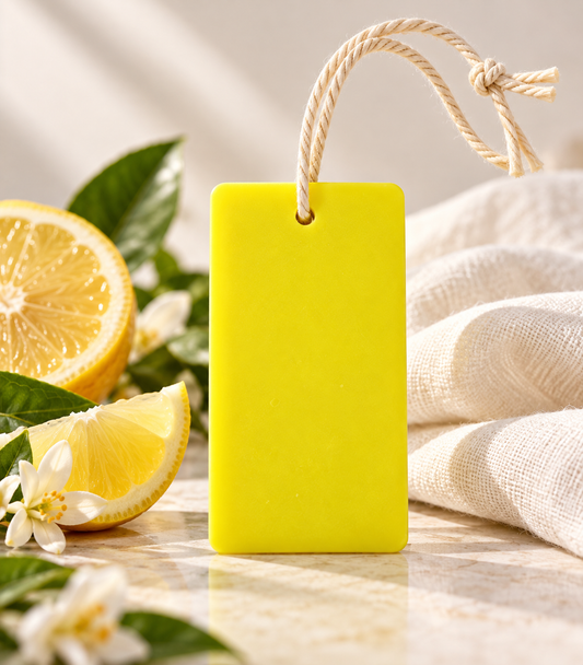 Pairsense Citrus aroma tag, a bright yellow tag on a cotton cord, beside cut lemons and lemon blossom