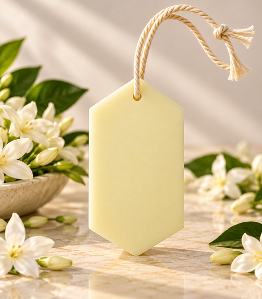 Pairsense Jasmine aroma tag, a pale yellow tag on a cotton cord, among jasmine flowers