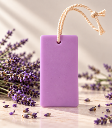 Pairsense Lavender aroma tag, a lilac tag on a cotton cord, among lavender sprigs