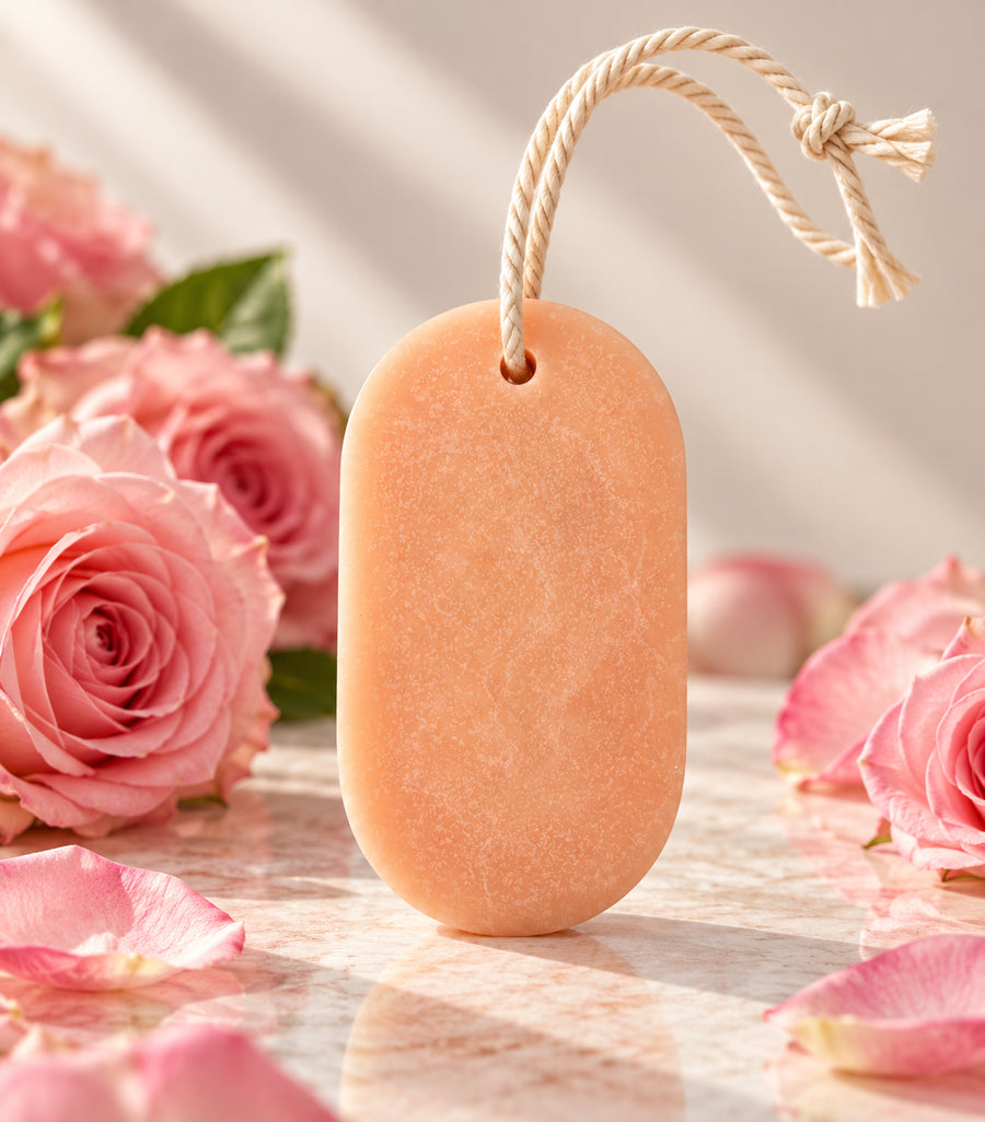 Pairsense Rose aroma tag, a peach-pink tag on a cotton cord, among pink roses