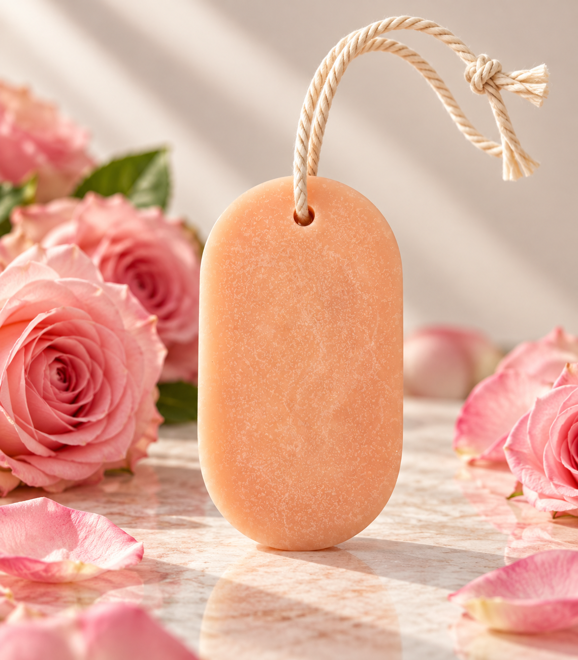 Pairsense Rose aroma tag, a peach-pink tag on a cotton cord, among pink roses