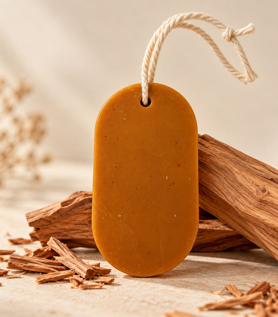 Pairsense Sandal aroma tag, an amber-brown tag on a cotton cord, among sandalwood pieces