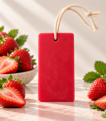 Pairsense Strawberry aroma tag, a red tag on a cotton cord, among strawberries