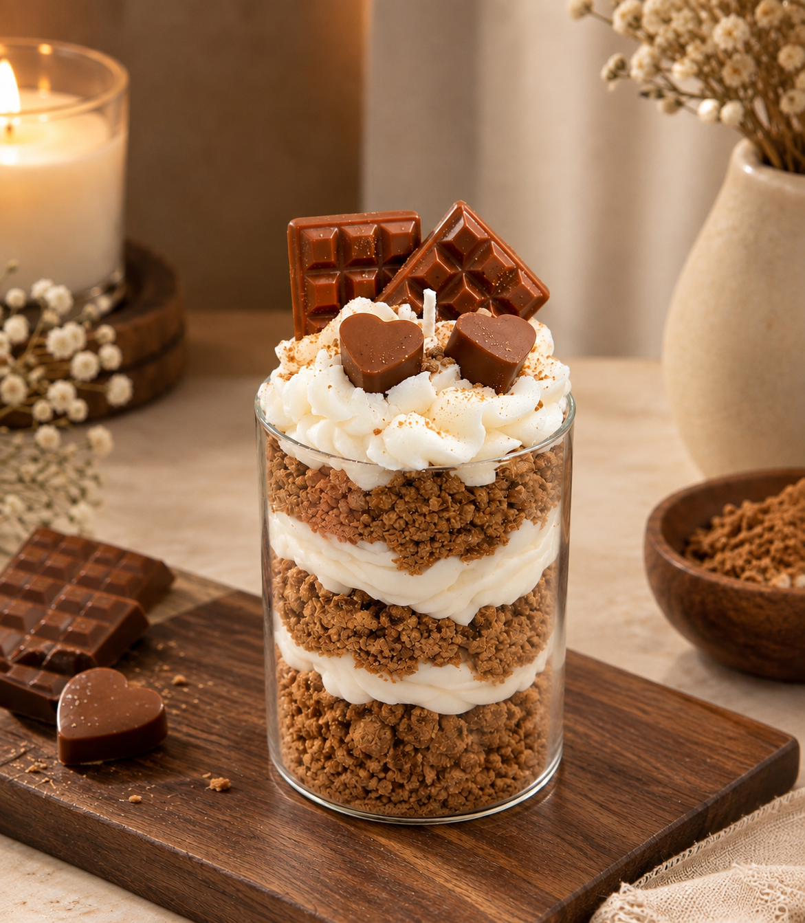 Pairsense Chocolate Heart scented candle — layers of cocoa crumble and whipped cream in a clear glass, topped with milk chocolate bars and chocolate hearts, on a wooden board
