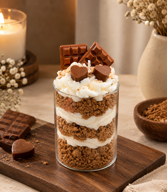 Pairsense Chocolate Heart scented candle — layers of cocoa crumble and whipped cream in a clear glass, topped with milk chocolate bars and chocolate hearts, on a wooden board