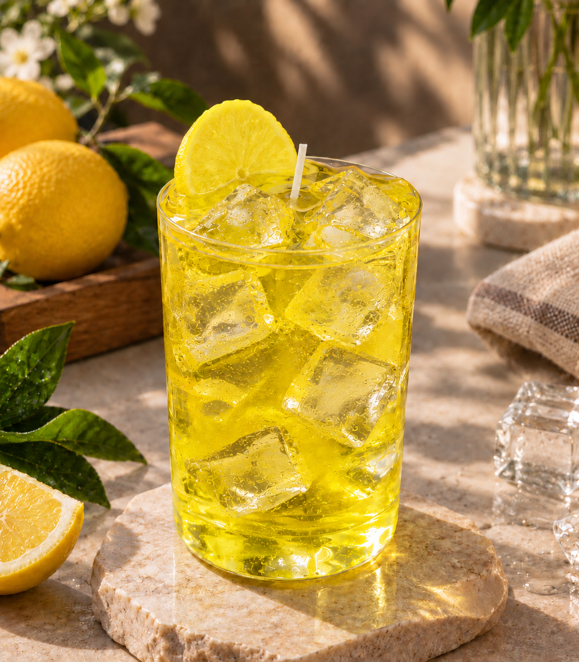 Pairsense Iced Lemon scented candle, yellow lemon gel with clear ice cubes in a glass tumbler topped with a lemon slice, on a stone coaster