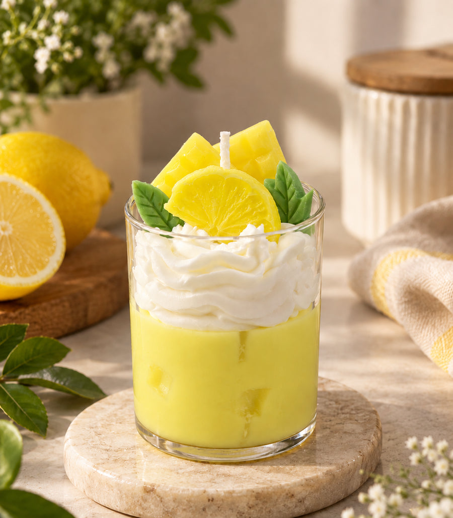 Pairsense Lemon Pepper Mint scented candle, yellow lemon wax topped with whipped cream, a lemon slice, lemon squares and mint leaves in a clear glass, on a stone coaster