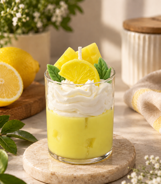 Pairsense Lemon Pepper Mint scented candle, yellow lemon wax topped with whipped cream, a lemon slice, lemon squares and mint leaves in a clear glass, on a stone coaster