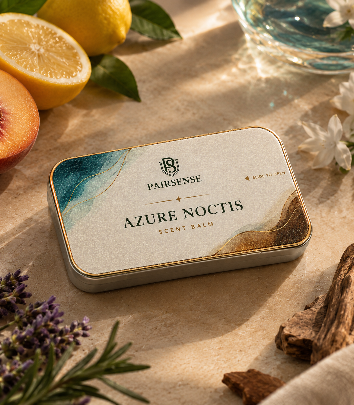 Pairsense Azure Noctis scent balm — a cream and gold tin on pale stone among lemons, peach, white flowers, lavender, rosemary and driftwood