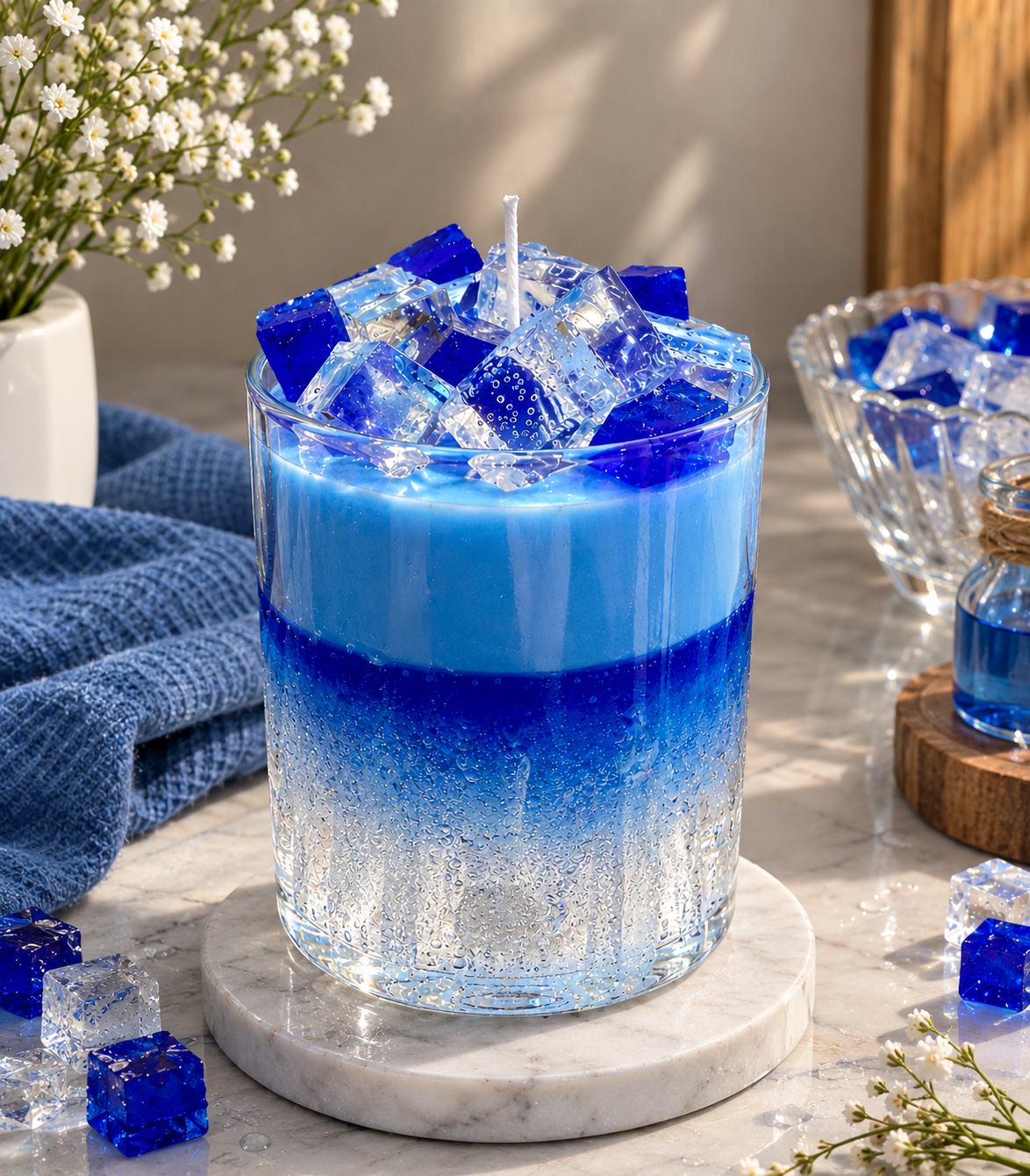 Pairsense Blue Crystal scented candle — cobalt and ice-blue wax layers topped with clear and blue crystal cubes in a ribbed glass jar