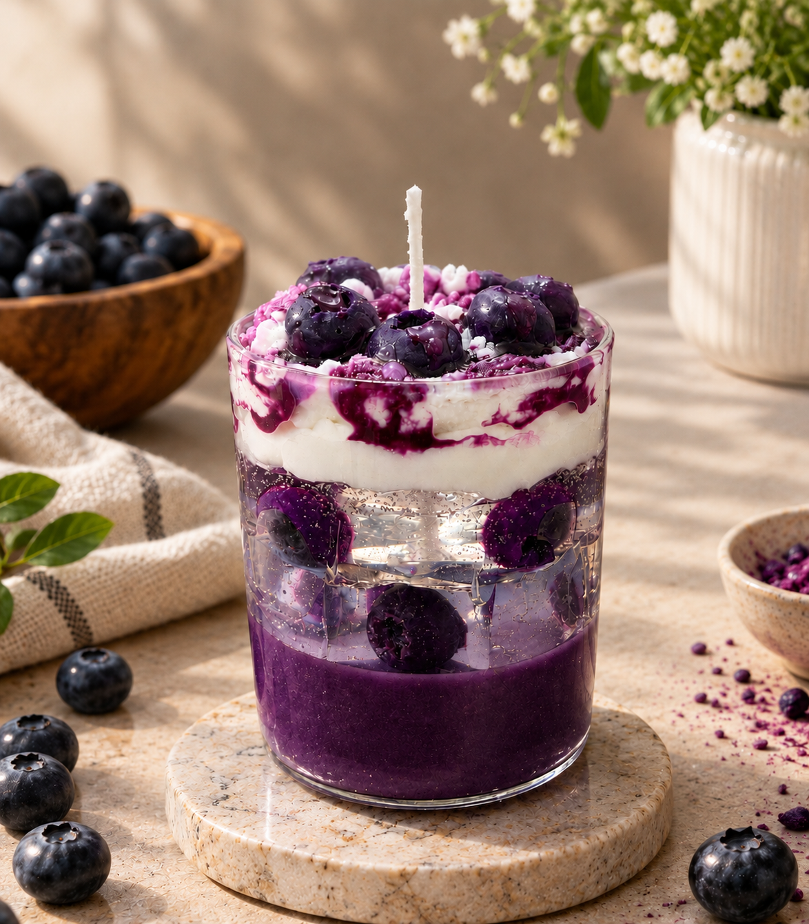 Pairsense Blueberry scented candle, blueberries and compote over vanilla cream in a clear glass jar
