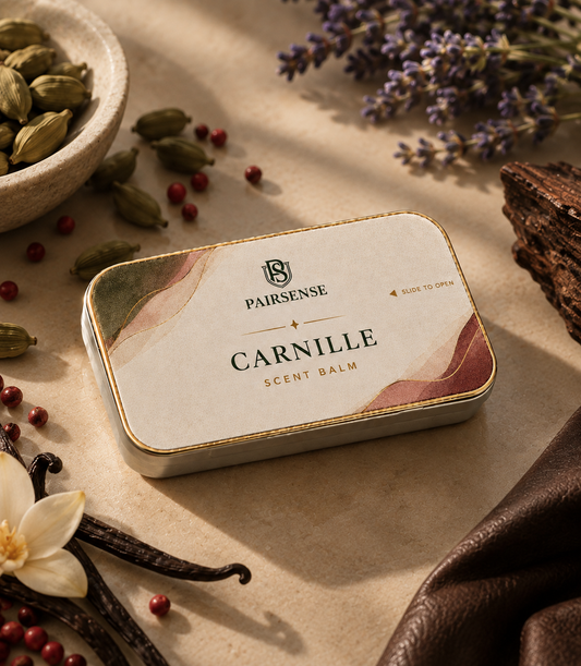 Pairsense Carnille scent balm — a cream and gold tin on pale stone among cardamom pods, pink peppercorns, lavender, vanilla pods and dark wood