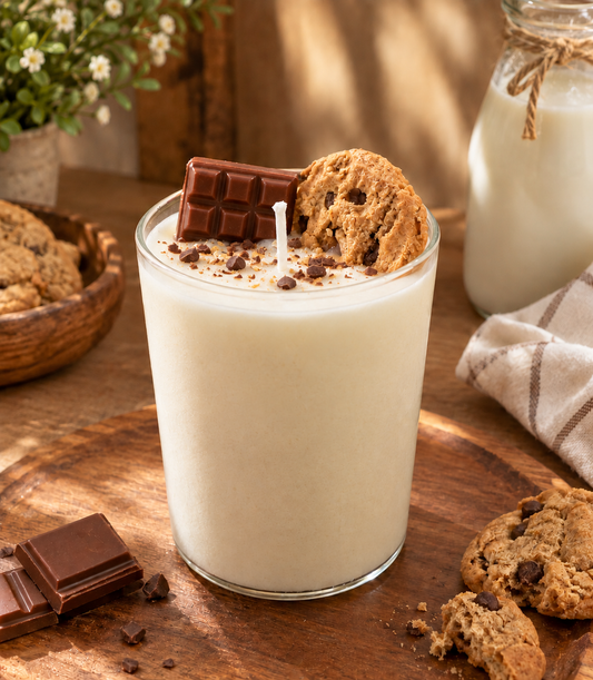 Pairsense Chocolate Cookie scented candle — cream milk-coloured wax in a clear glass tumbler topped with a wax chocolate bar, chocolate chip cookie and cocoa shavings