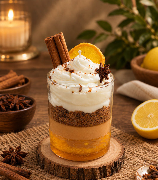 Pairsense Spiced Orange Crème scented candle — layered amber and caramel wax under whipped cream, topped with cinnamon sticks, an orange slice and star anise, on a wooden coaster
