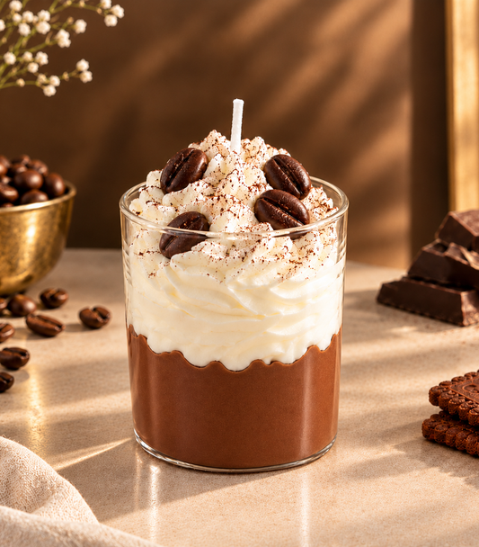 Pairsense Coffee Bean scented candle — mocha and whipped cream layers in a clear glass jar, topped with roasted coffee beans and cocoa dusting