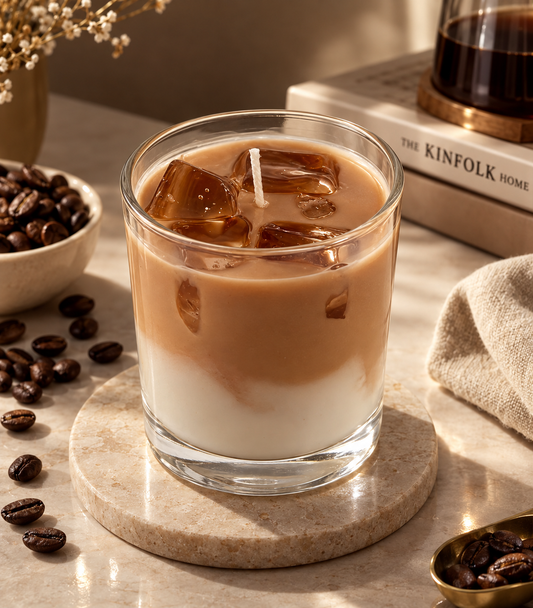 Pairsense Coffee Ice scented candle — iced coffee over steamed milk in a clear glass jar, styled with coffee beans