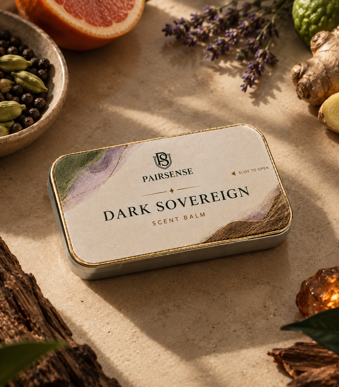 Pairsense Dark Sovereign scent balm — a cream and gold tin on pale stone among grapefruit, bergamot, lavender, ginger, cardamom and amber resin