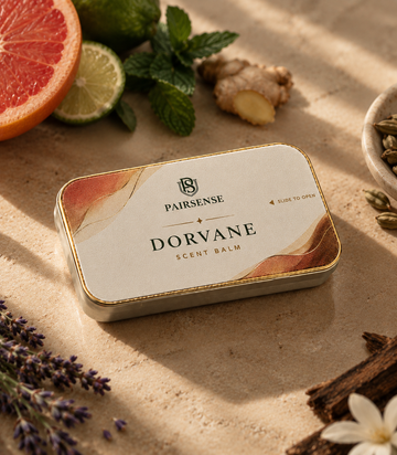 Pairsense Dorvane scent balm — a cream and gold tin on a stone slab among grapefruit, lime, mint, ginger, cardamom and lavender