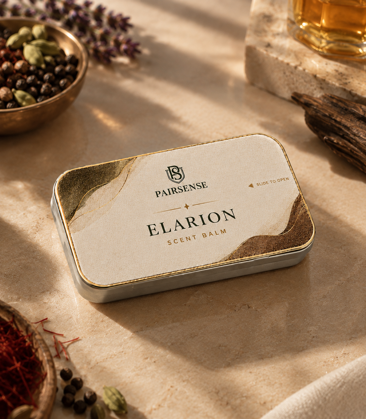 Pairsense Elarion scent balm — a cream and gold tin on pale marble among saffron, cardamom, black pepper and vanilla pods