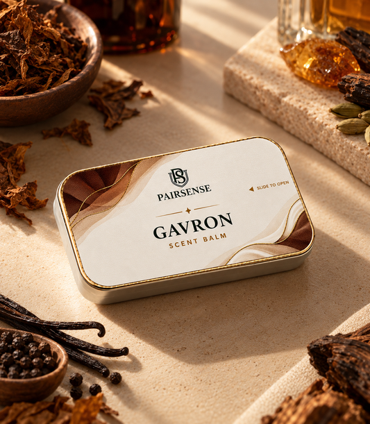 Pairsense Gavron scent balm, a cream and gold tin with deep-brown waves on pale stone among tobacco leaf, vanilla pods, black pepper, cardamom, amber resin and oud wood