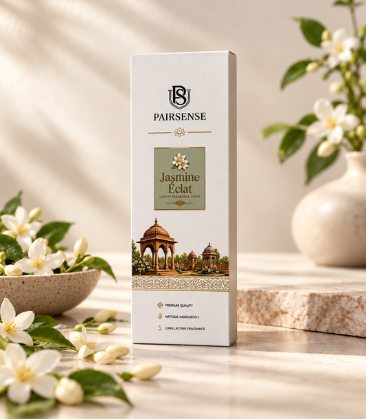 Pairsense Jasmine Eclat luxury fragrance sticks, the ivory and sage agarbatti carton on stone among jasmine blossoms