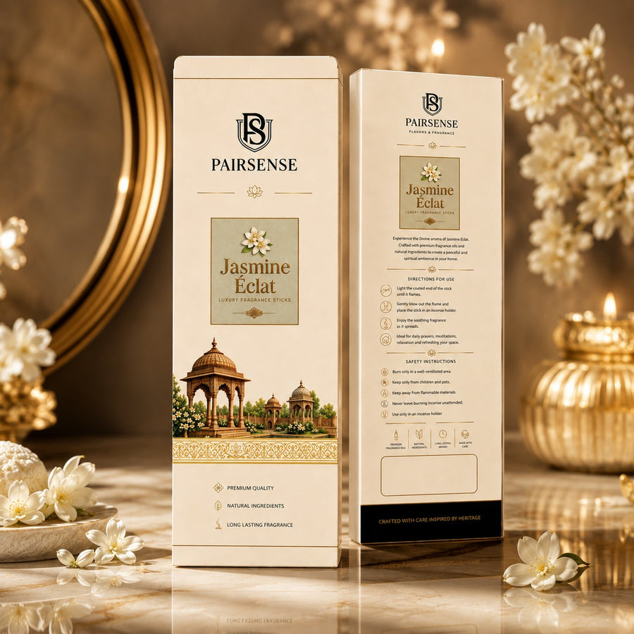 Pairsense Jasmine Eclat luxury fragrance sticks — front and back of the ivory and gold agarbatti carton, styled with jasmine blossoms