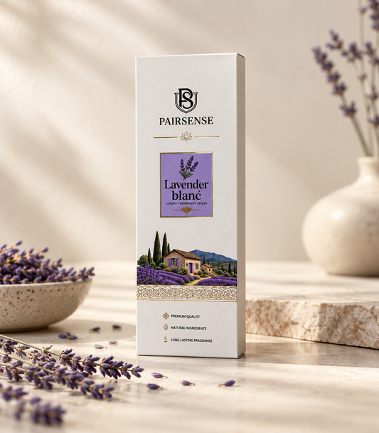 Pairsense Lavender Blanc luxury fragrance sticks, the ivory and lilac agarbatti carton on stone among dried lavender