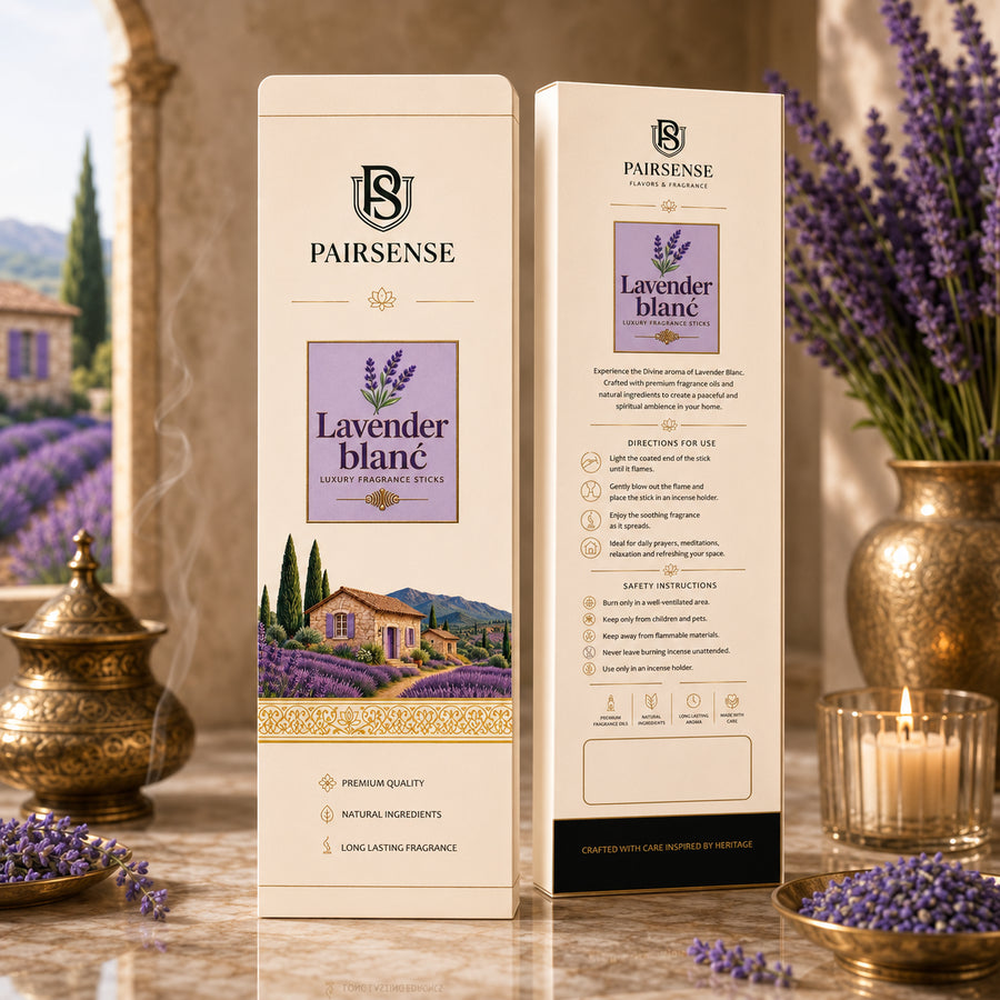 Pairsense Lavender Blanc luxury fragrance sticks — front and back of the ivory and lilac agarbatti carton, styled with lavender sprigs
