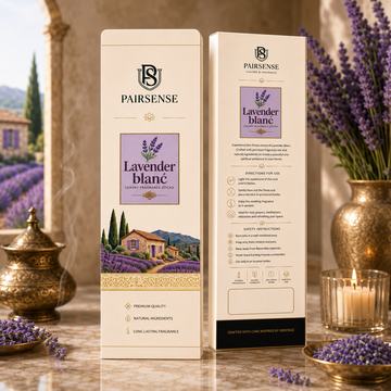 Pairsense Lavender Blanc luxury fragrance sticks — front and back of the ivory and lilac agarbatti carton, styled with lavender sprigs
