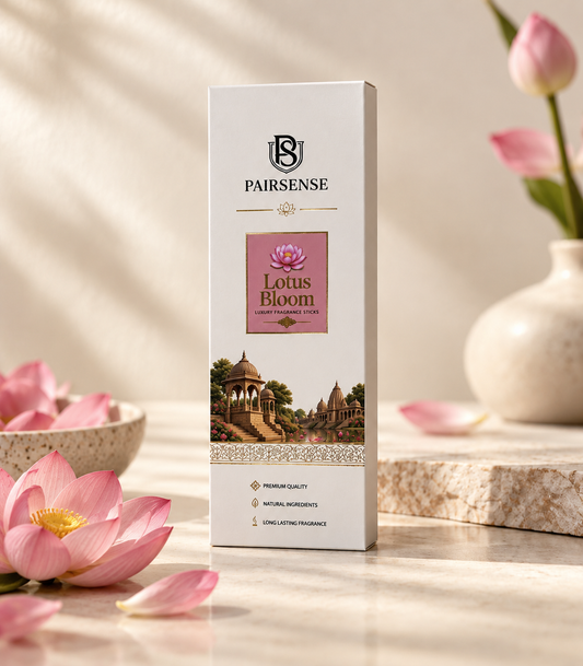 Pairsense Lotus Bloom luxury fragrance sticks, the ivory and pink agarbatti carton on stone beside lotus flowers