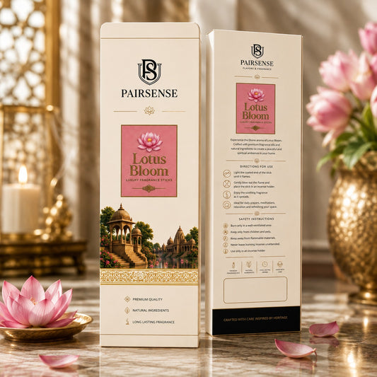 Pairsense Lotus Bloom luxury fragrance sticks — front and back of the ivory and pink agarbatti carton, styled with lotus blossoms