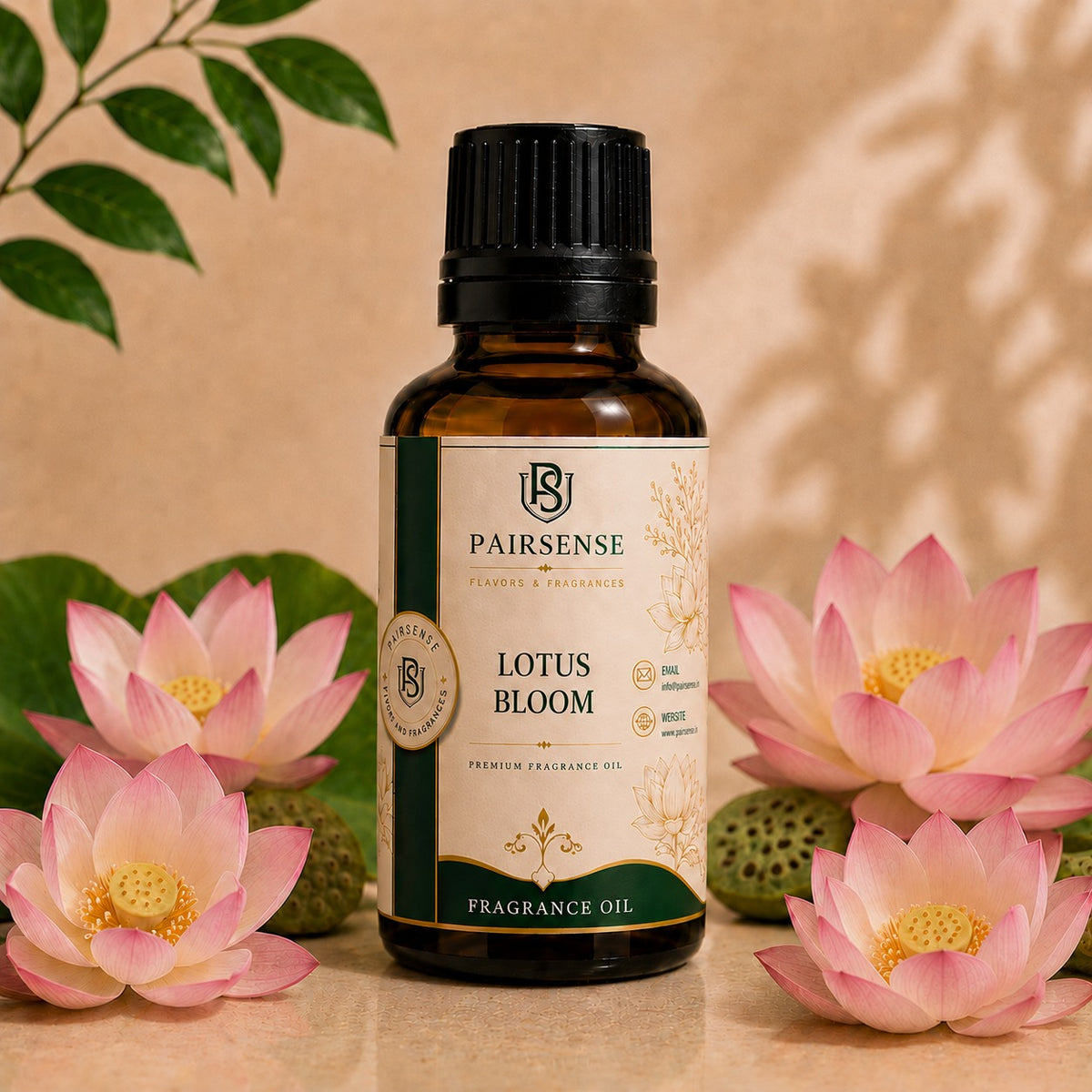 Pairsense Lotus Bloom premium fragrance oil bottle with lotus flowers