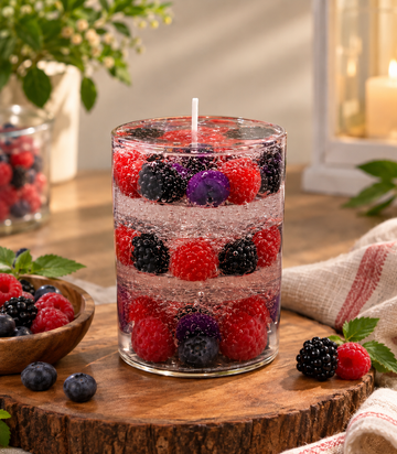 Pairsense Mixed Berries scented candle, raspberries, blackberries and blueberries suspended whole in clear gel in a glass jar