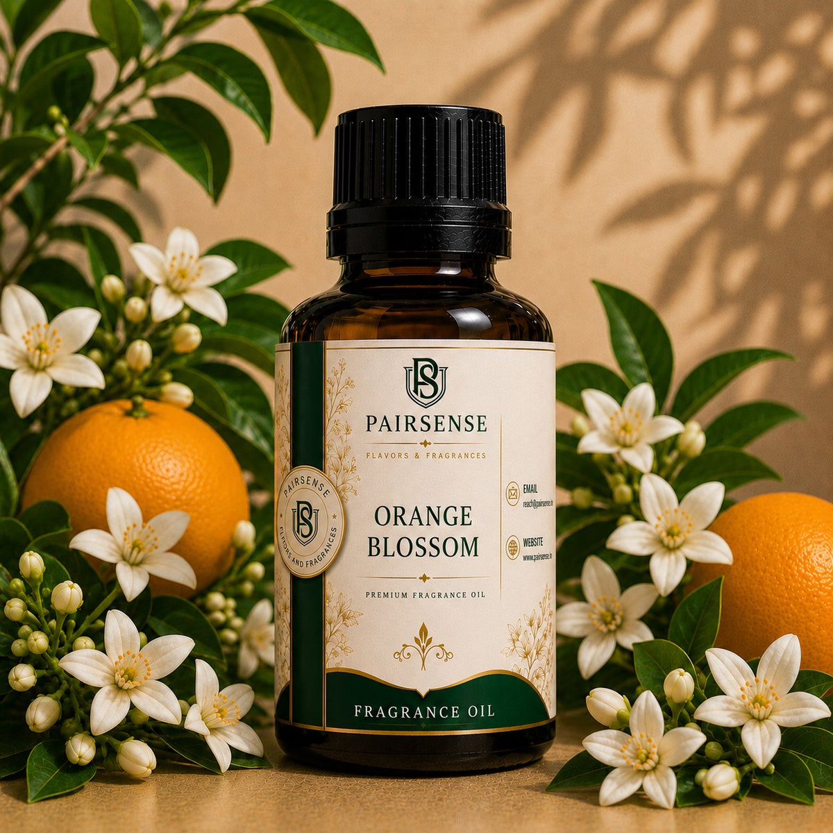 Pairsense Orange Blossom premium fragrance oil bottle with orange blossom flowers