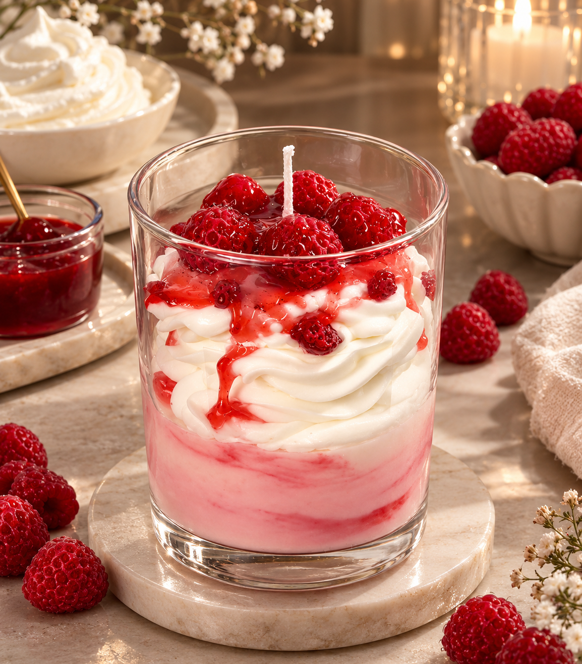 Pairsense Raspberry scented candle — raspberries and berry preserve over whipped vanilla cream in a clear glass jar