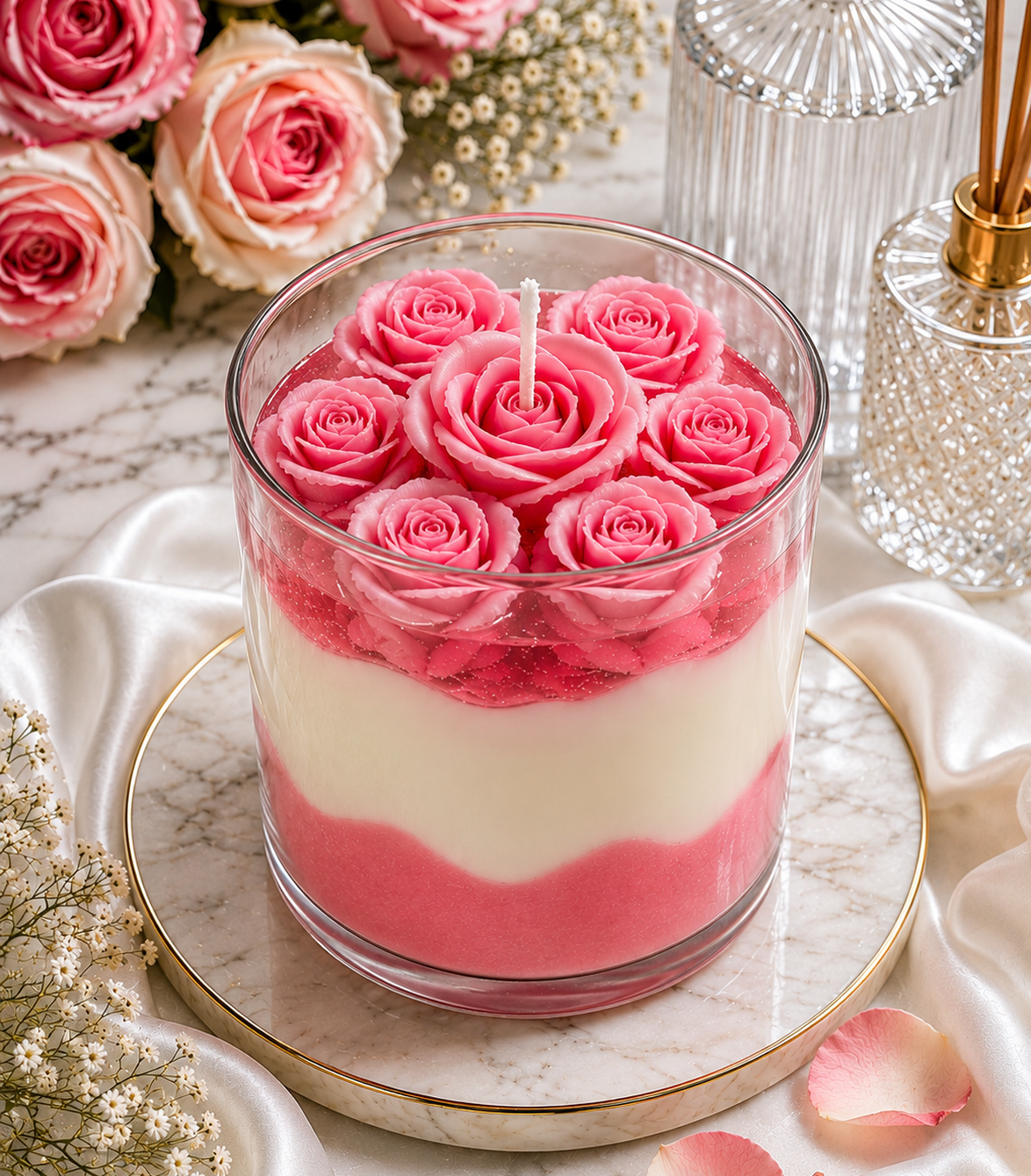 Pairsense Rose Poudré scented candle — sculpted pink roses over blush and ivory wax in a clear glass jar
