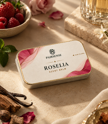 Pairsense Roselia scent balm, a cream and gold tin with rose-pink waves on pale stone among strawberries, raspberries, rose petals, jasmine, mint and vanilla pods